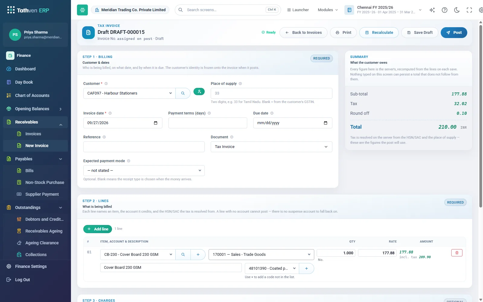 A tax invoice in draft: customer, lines with account and HSN code, and the server’s total with tax