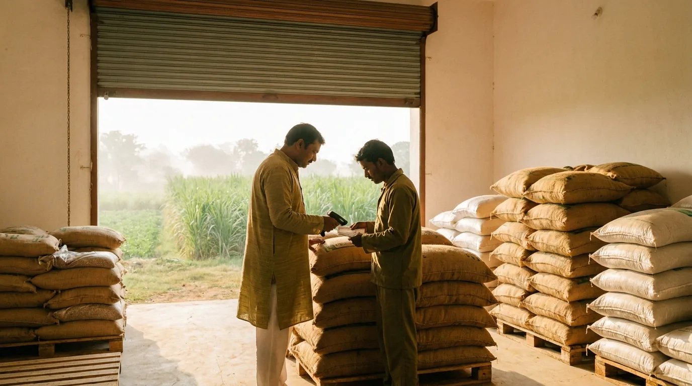 Illustration: a godown with sacks of seed and fertiliser stacked on pallets, two people scanning a bag label at the open shutter, and green fields outside