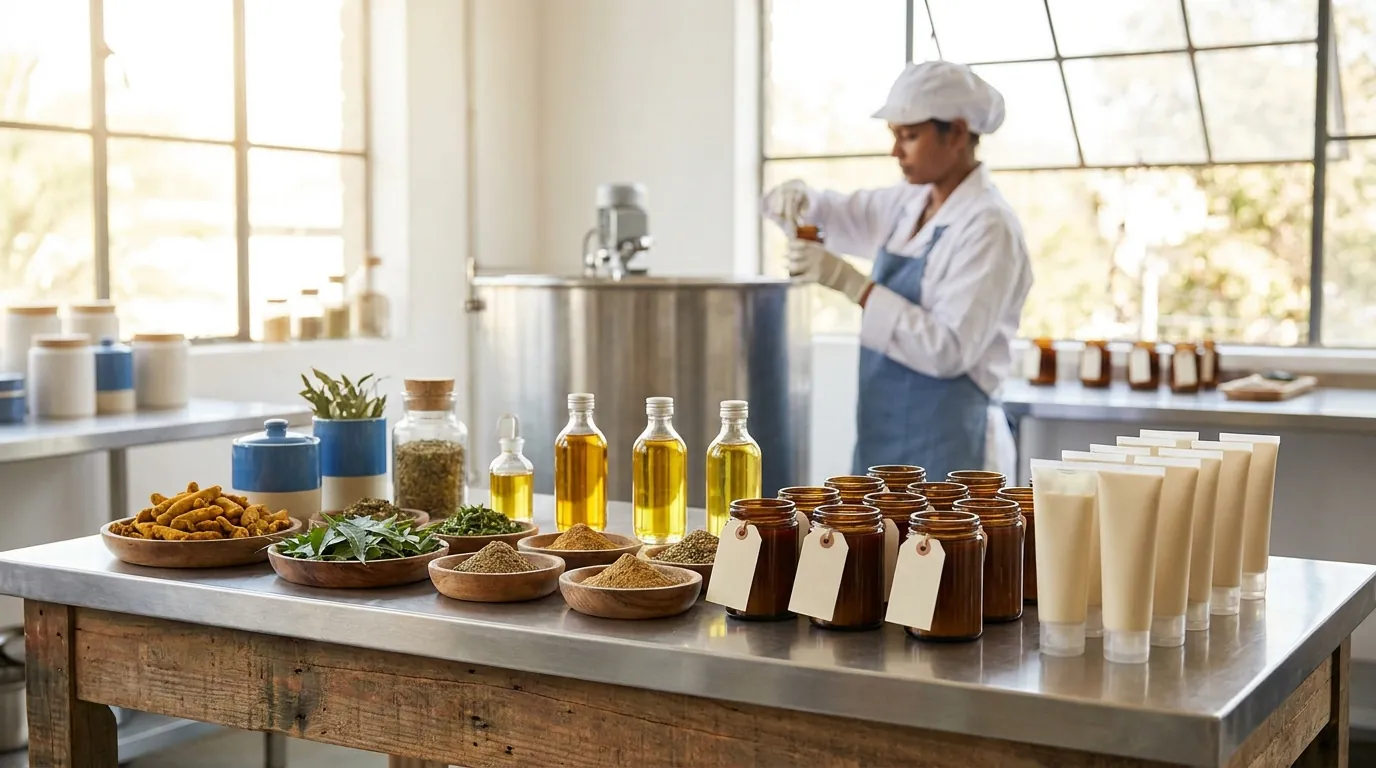 Illustration: an Ayurvedic and cosmetics workroom with an operator at a steel vessel, and herbs, oils, tagged jars and tubes of cream laid out on a table