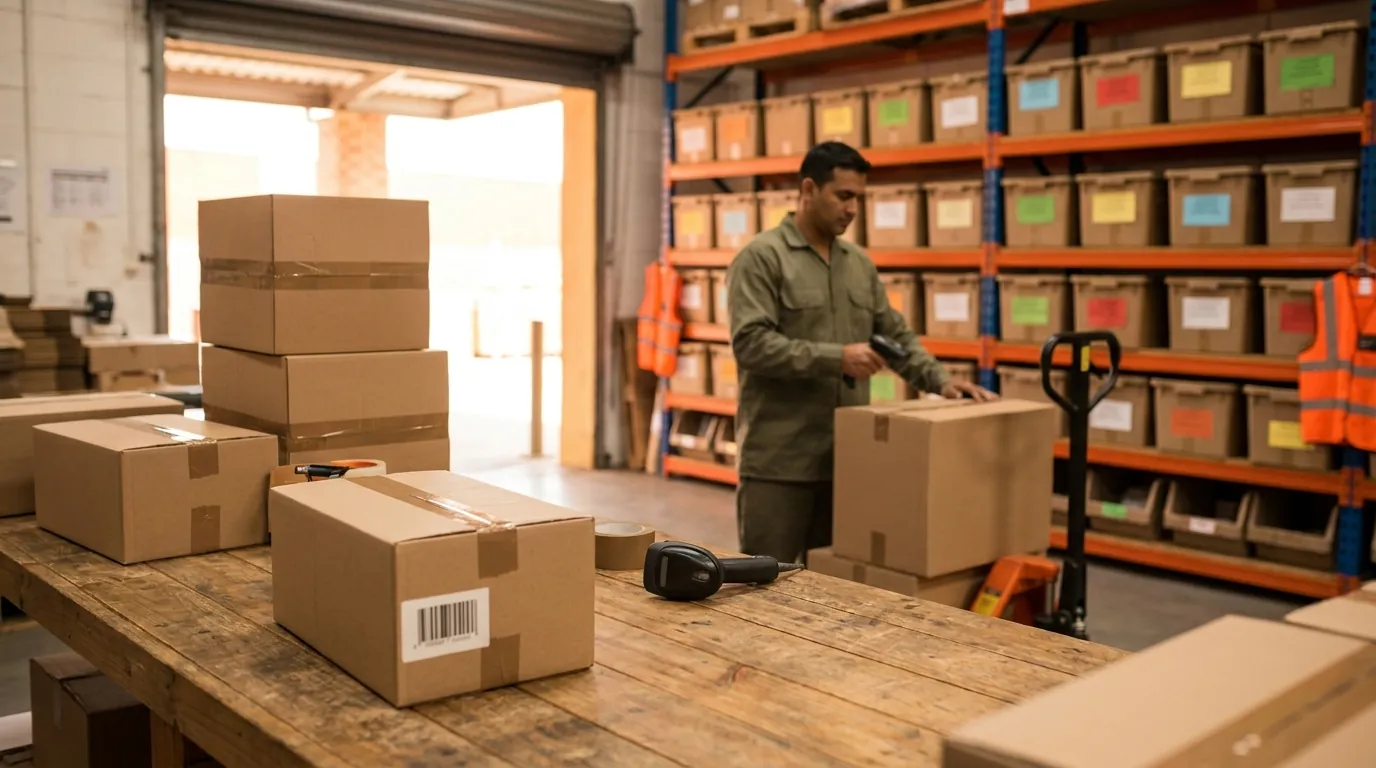Illustration: a distribution warehouse with racked, labelled bins, an operator scanning a carton, and barcoded boxes and a pallet truck in front