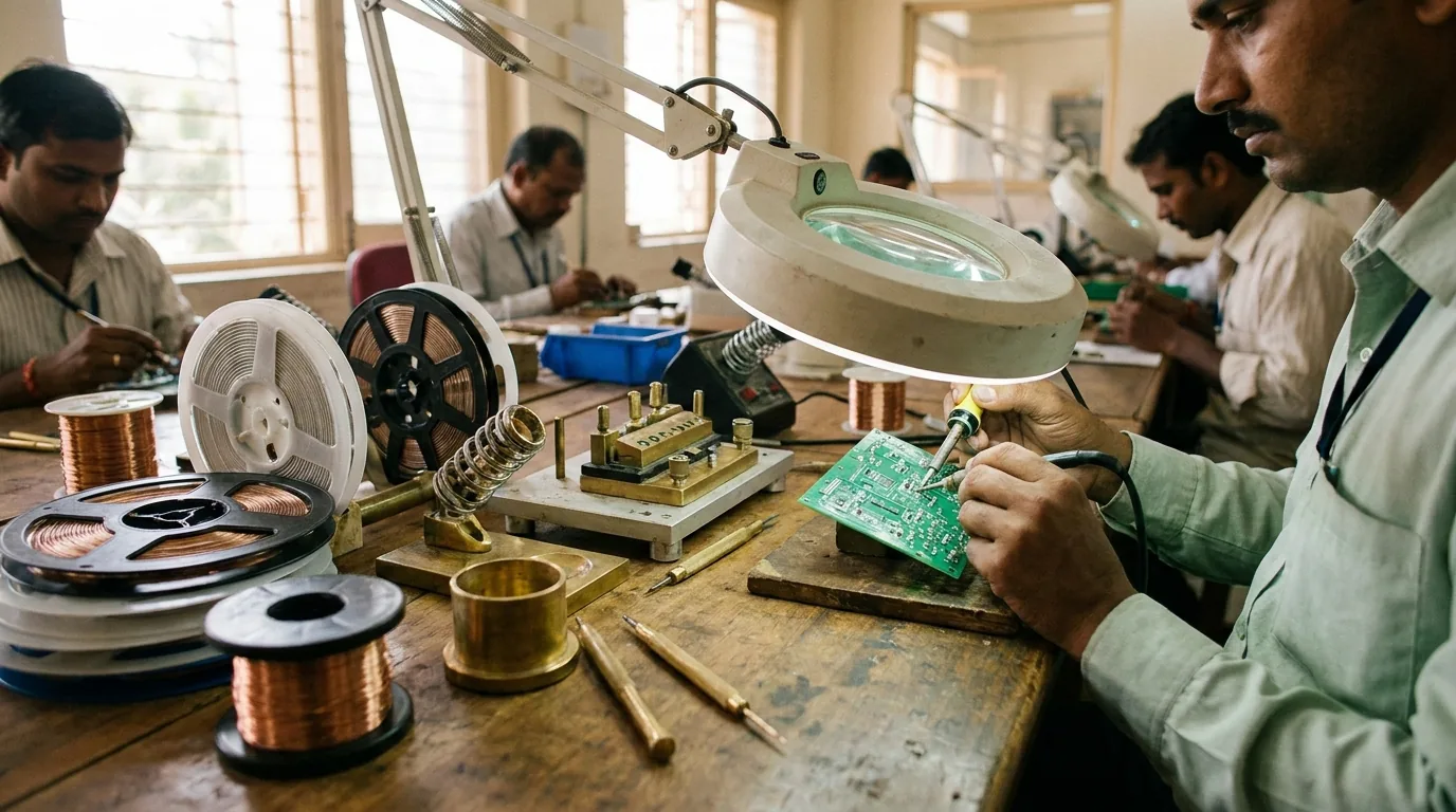 Illustration: an assembly room where operators solder circuit boards under magnifier lamps, with reels of components and spools of copper wire on the bench in front