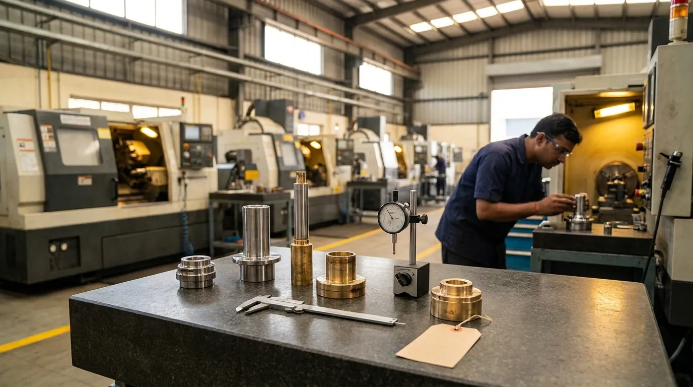 Illustration: a machine shop with CNC lathes, an operator at a machine, and finished turned parts, a dial gauge and vernier calipers on a granite table