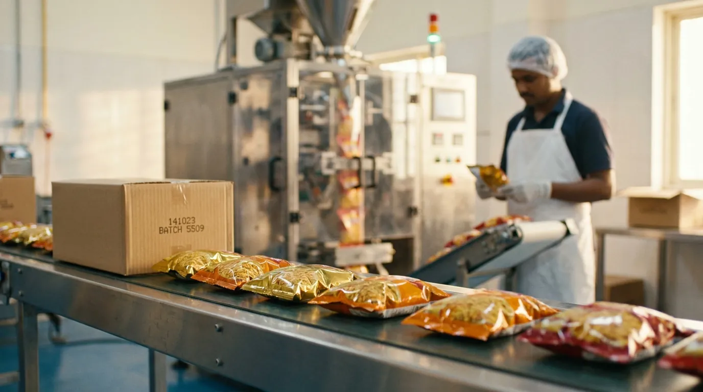 Illustration: a food packing line with a form-fill-seal machine, sealed snack packets on a conveyor and an operator checking a pack beside a labelled carton