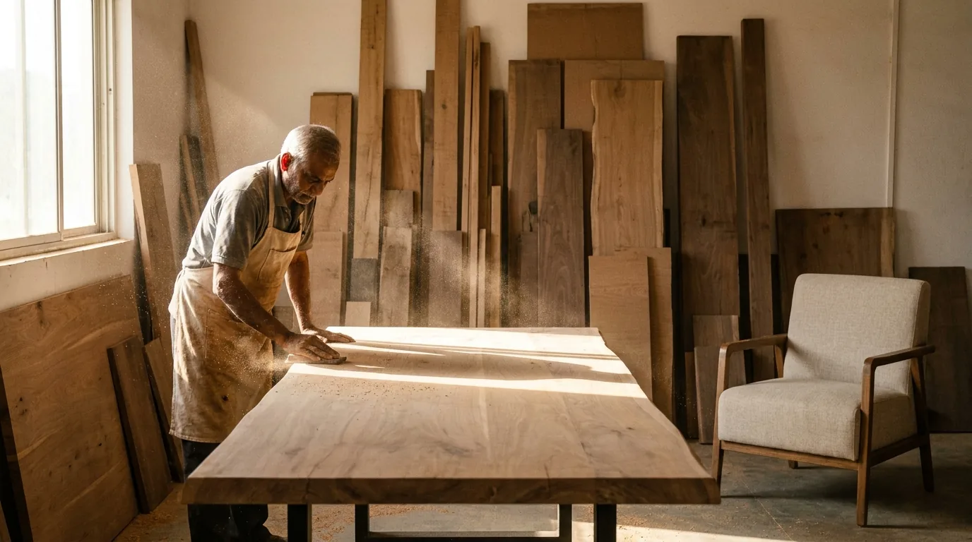 Illustration: a workshop with timber planks stacked against the wall, a craftsman sanding a solid-wood tabletop, and a finished upholstered armchair beside it