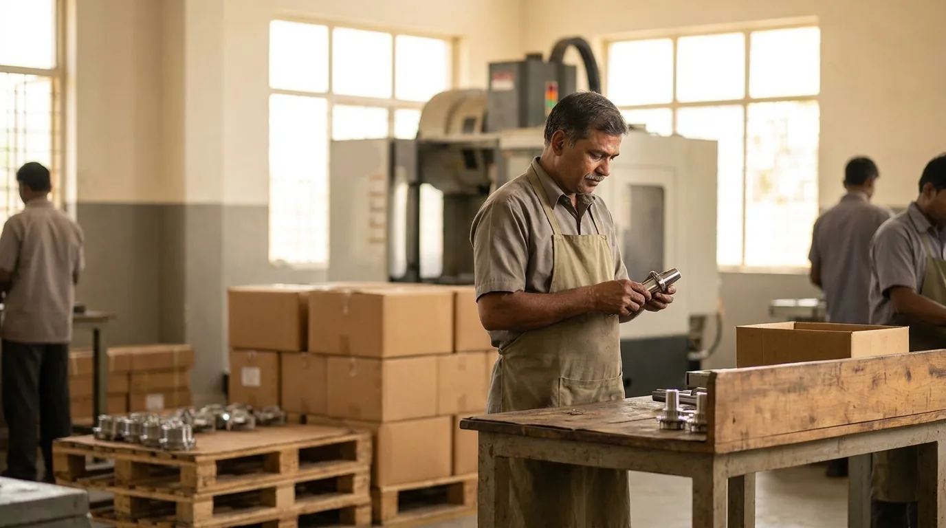 Illustration: a sunlit machine shop with a machining centre behind, an operator checking a turned part at a wooden bench, and pallets of finished parts and cartons in front