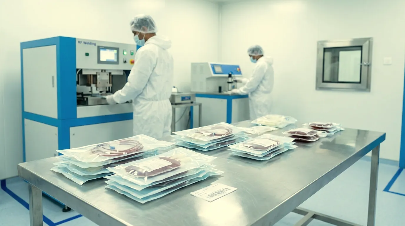 Illustration: a bright clean room with gowned operators at sealing machines, and stacks of sealed sterile pouches with a lot label on a steel table in front