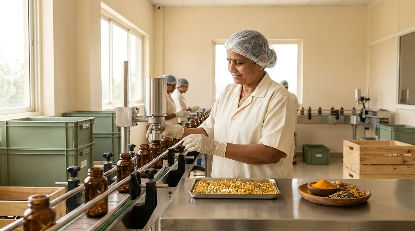 Illustration: a clean bottling room, an operator in a hairnet and gloves filling amber bottles on a line, with a tray of capsules and a bowl of turmeric and herbs in front