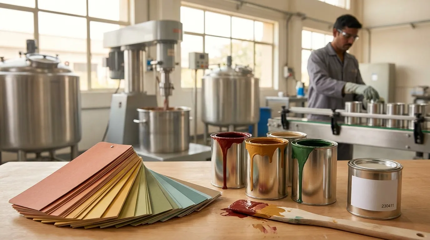 Illustration: a paint plant with mixing vessels and a filling line, and open paint tins with a fan of colour shade cards on a table in front
