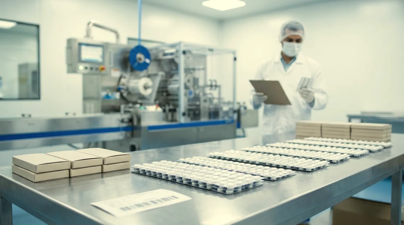 Illustration: a clean pharmaceutical packing room with a blister-packing machine, an operator checking a strip against a clipboard, and rows of blister packs and cartons on a steel table