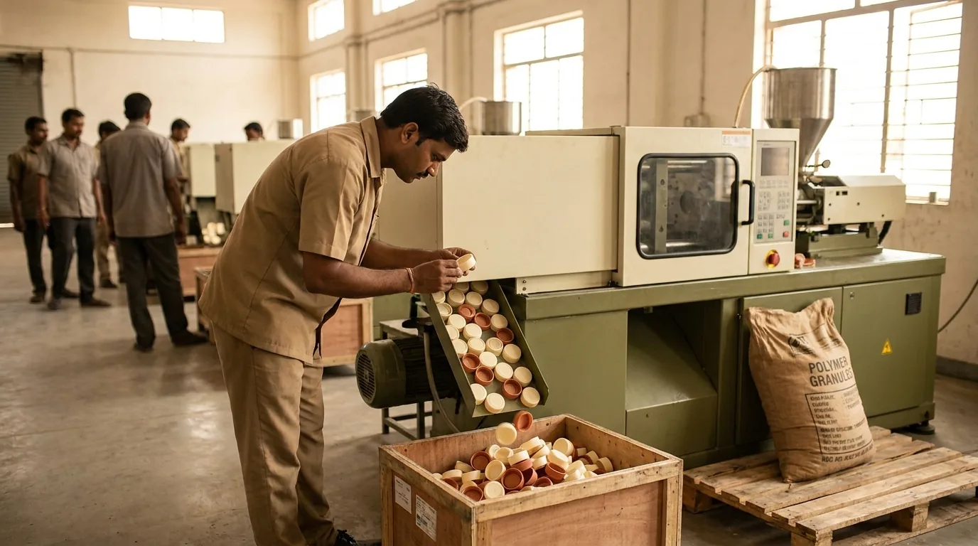 Illustration: an injection-moulding shop, an operator checking moulded caps at the machine chute, a crate of caps in front and a sack of polymer granules on a pallet