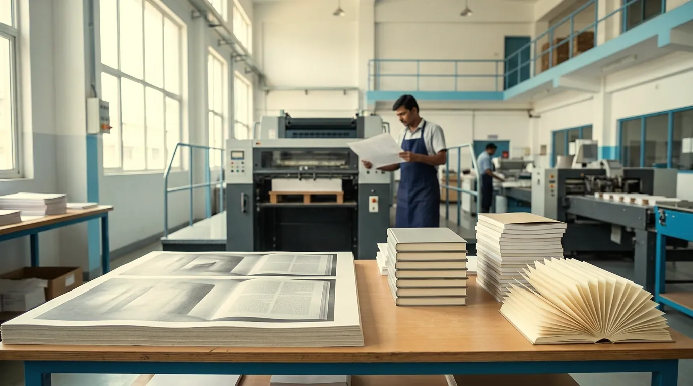 Illustration: a bright pressroom with an offset press and a binding line, an operator checking a printed sheet, and stacks of books, a press sheet and a fanned ream in front