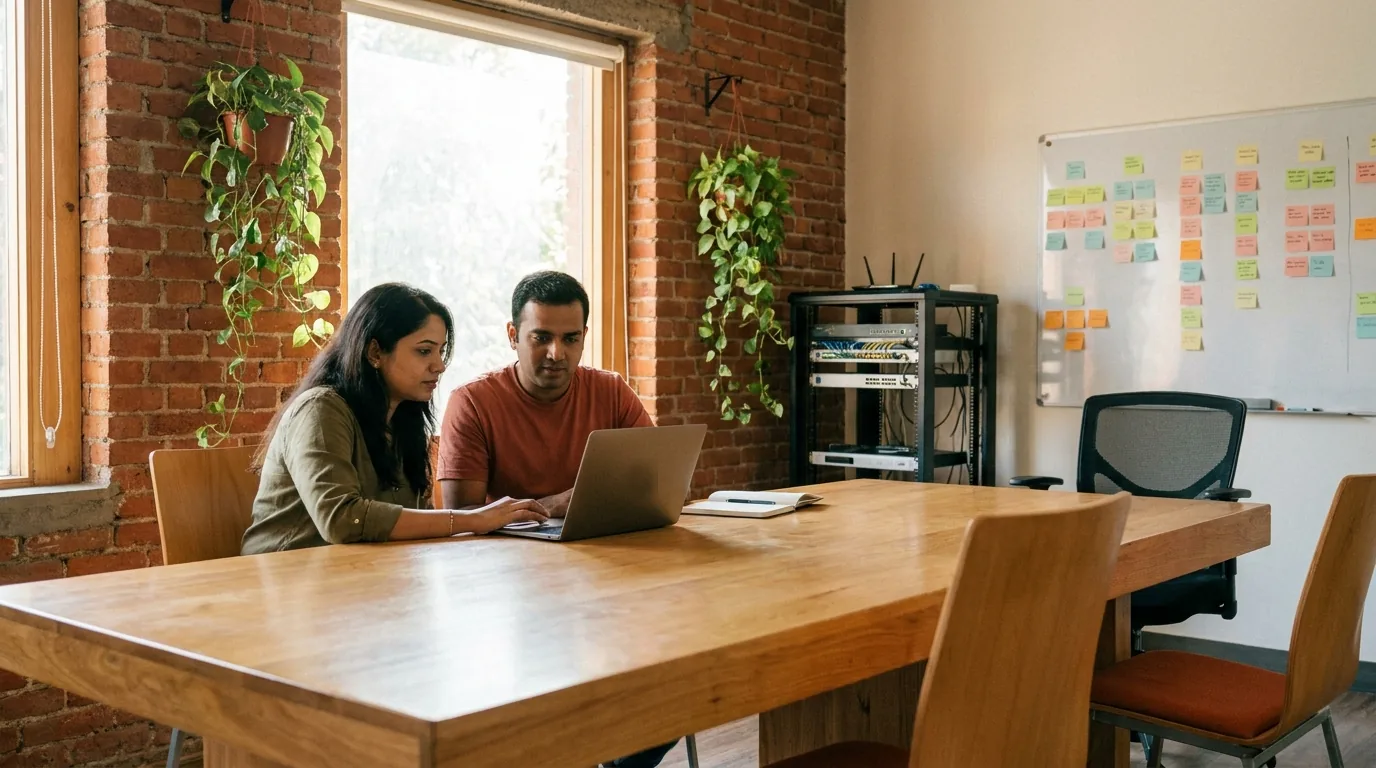 Illustration: a sunlit studio with brick walls and plants, two people reviewing a laptop at a wooden table, a whiteboard of sticky notes and a networking rack behind