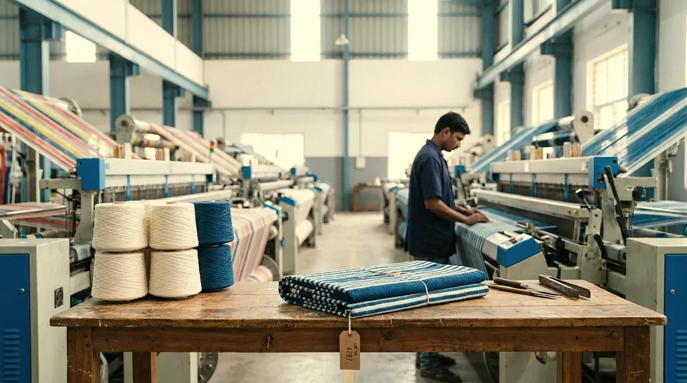 Illustration: a weaving shed with rows of looms, an operator at a loom, and cones of yarn and a folded, tagged bolt of striped fabric on a table in front