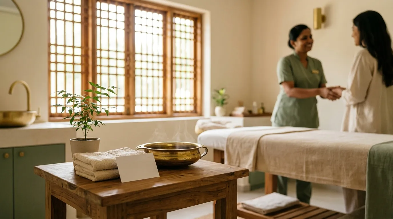 Illustration: a calm treatment room with a therapist greeting a guest, a treatment bed, folded towels and a brass bowl of warm oil