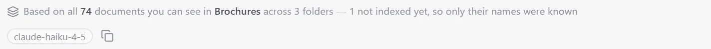 Footer of a folder summary: based on all 74 documents you can see in Brochures across 3 folders, 1 not indexed yet
